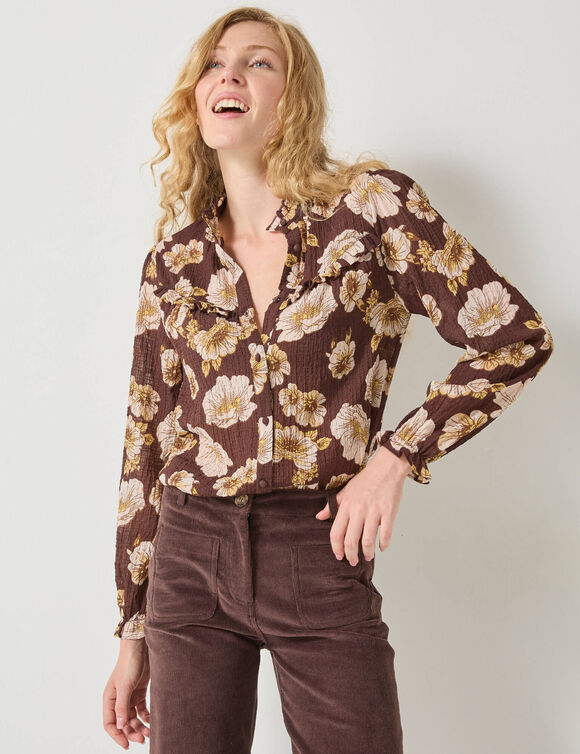 Blouse volantée imprimée floral, crépon (chocolat) Blouse volantée imprimée floral, crépon (chocolat)